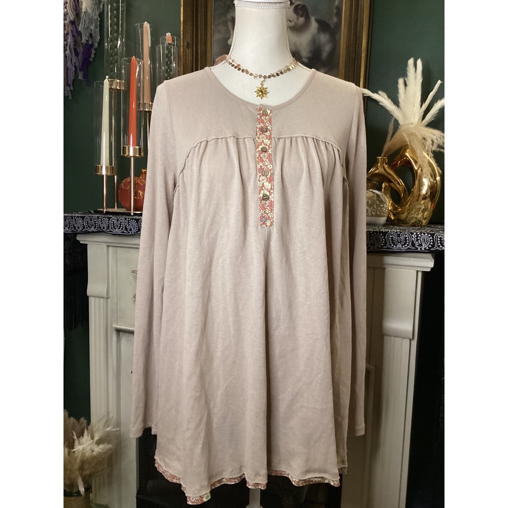 Easel Los Angeles Women Small Taupe Floral Henley Babydoll Tunic Long Sleeve Top